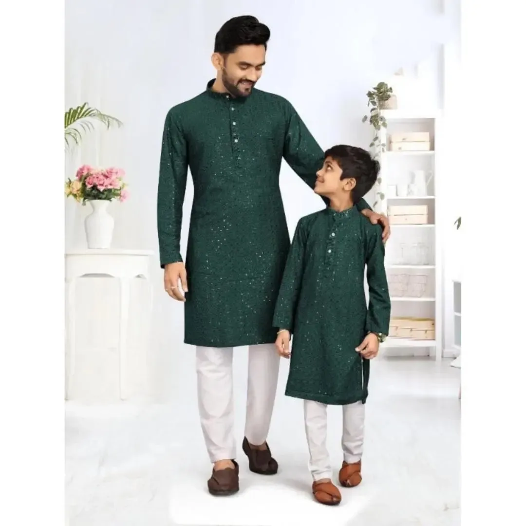 Father and Son Dark Green Chikankari Same Matching Kurta Dress Set