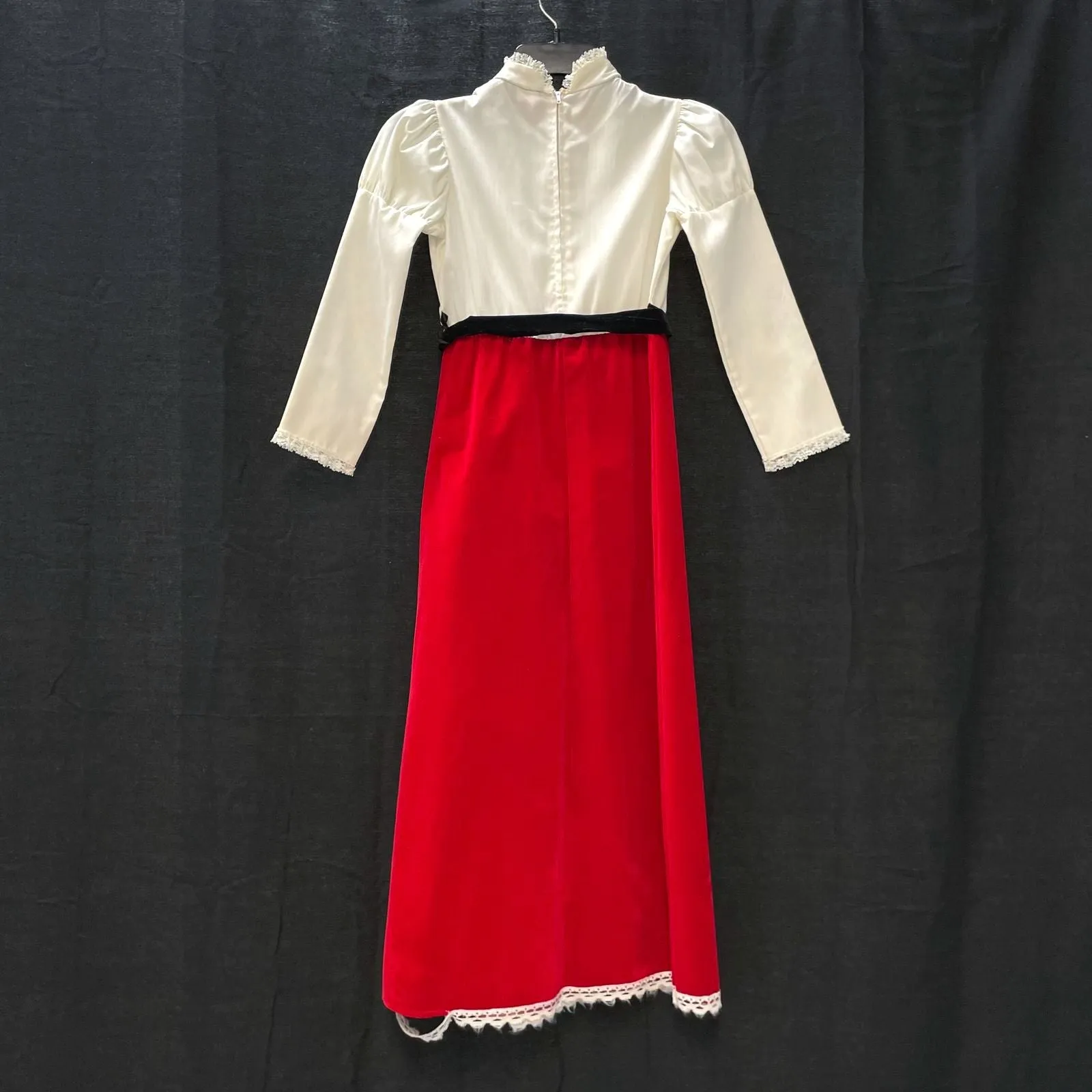 Girls 70s Vintage SEARS ROEBUCK Red & White Velvet Lace Long Prairie Dress No Sz