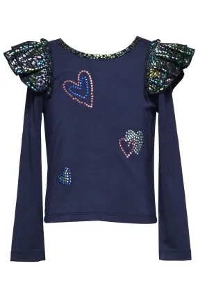 Girls Long Sleeve Contrast Ruffle Detail And Heart Stud Hot Fix Top