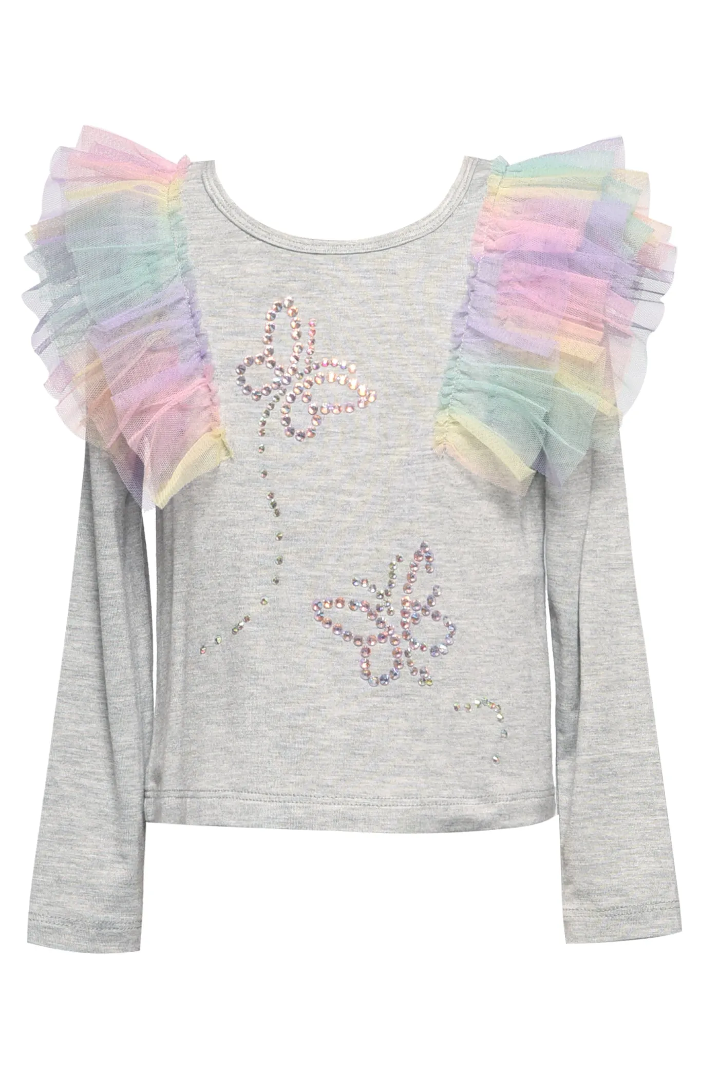 Girls Long Sleeve Rainbow Mesh Ruffle And Butterfly Rhinestone Detail Top