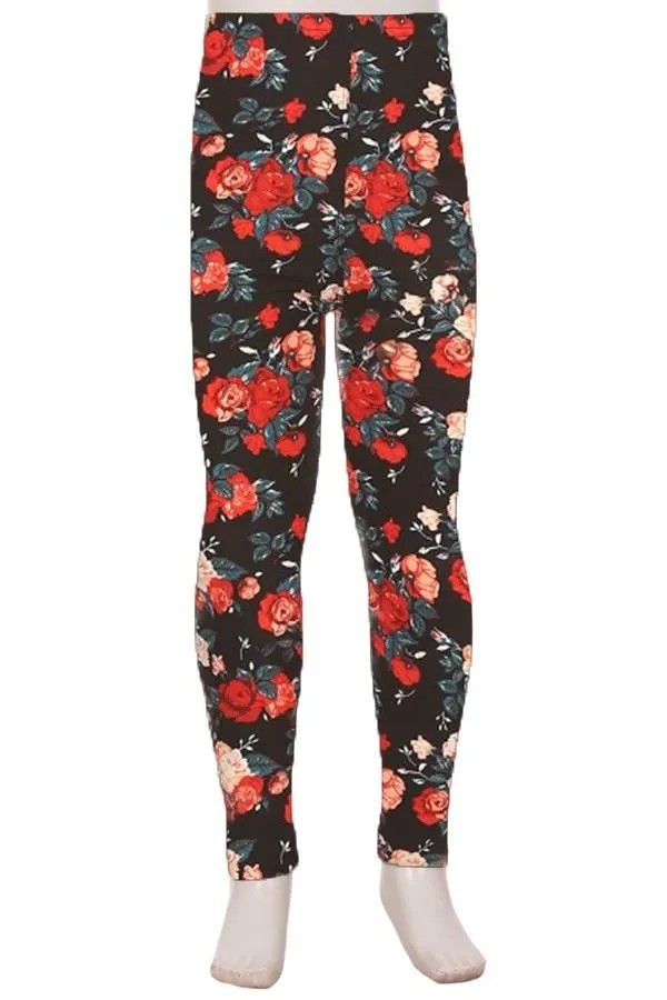 Girls Rose Leggings, Kids Yoga Pants, Sizes S/L, No-Roll Waist, Red/Black