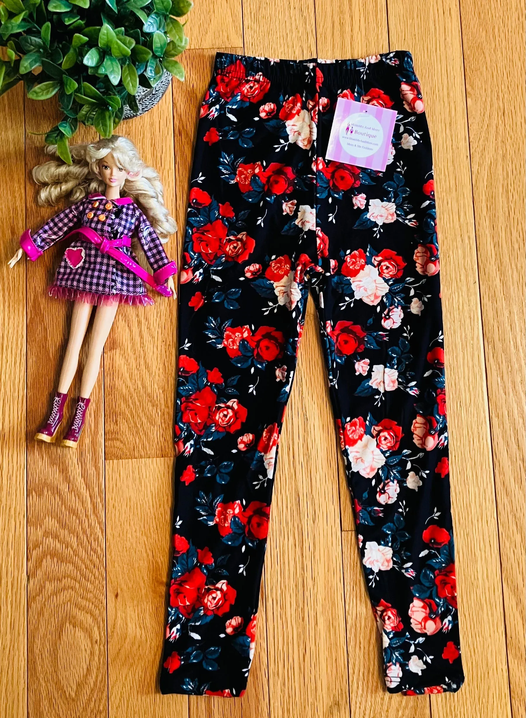 Girls Rose Leggings, Kids Yoga Pants, Sizes S/L, No-Roll Waist, Red/Black