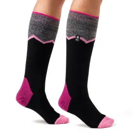 Ladies Ultra Lite Long Ski & Snow Sports Socks - Black & Pink Zig Zag