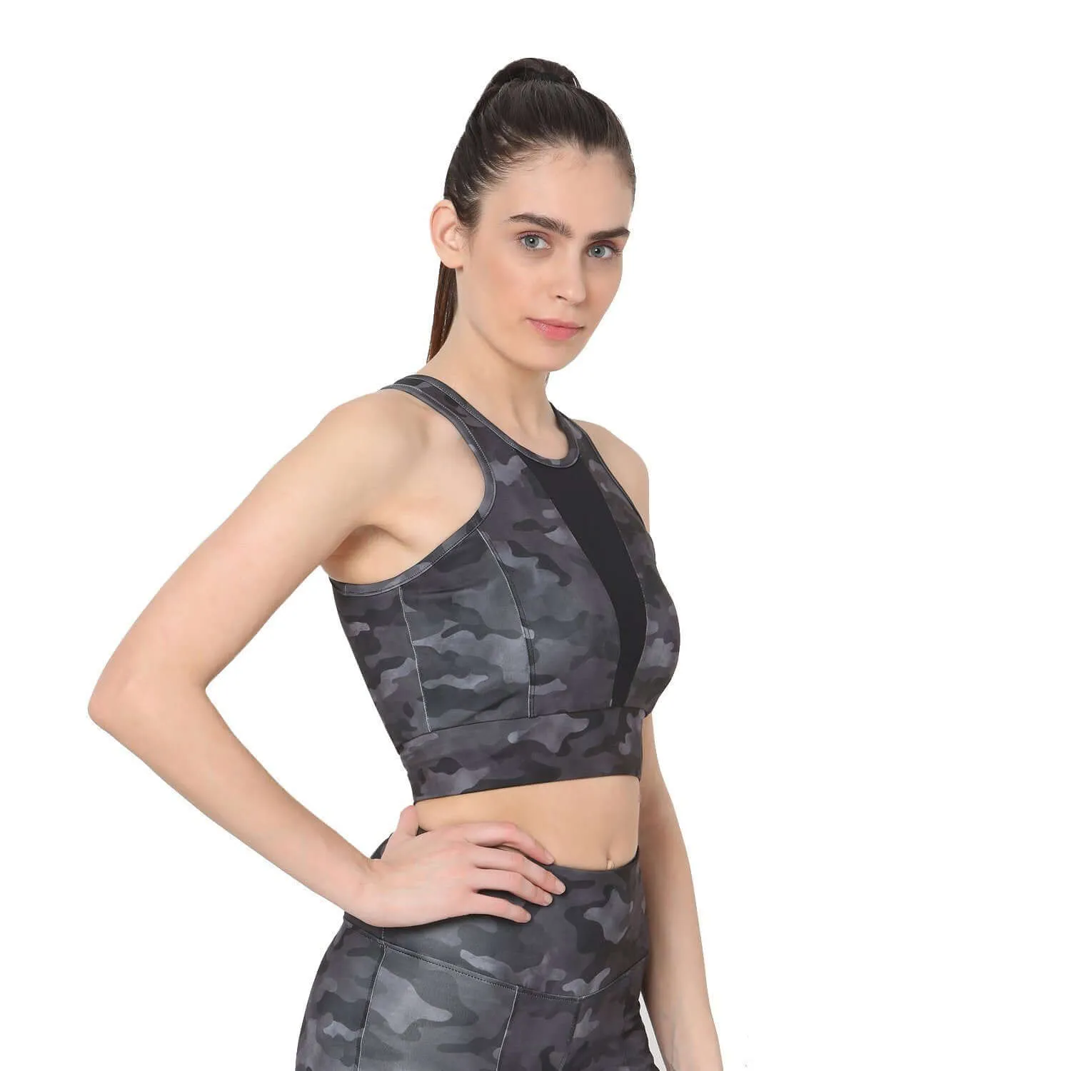 Padded Biker Crop Top Dark Camo