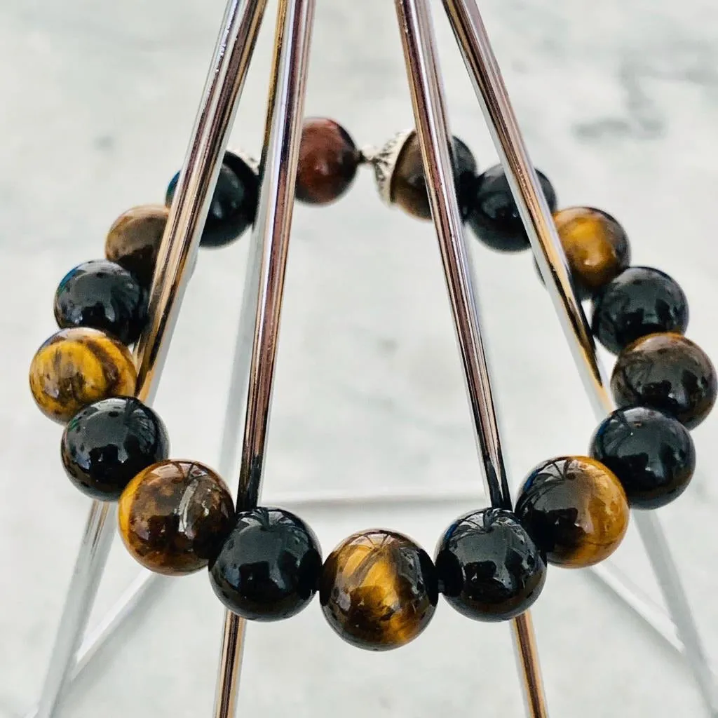 Red Tigereye, Black Tourmaline & Tigereye Men Bracelet